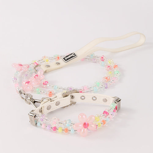 Beaded Flower Dog Collar and Leash Set – Pastel Charm Design